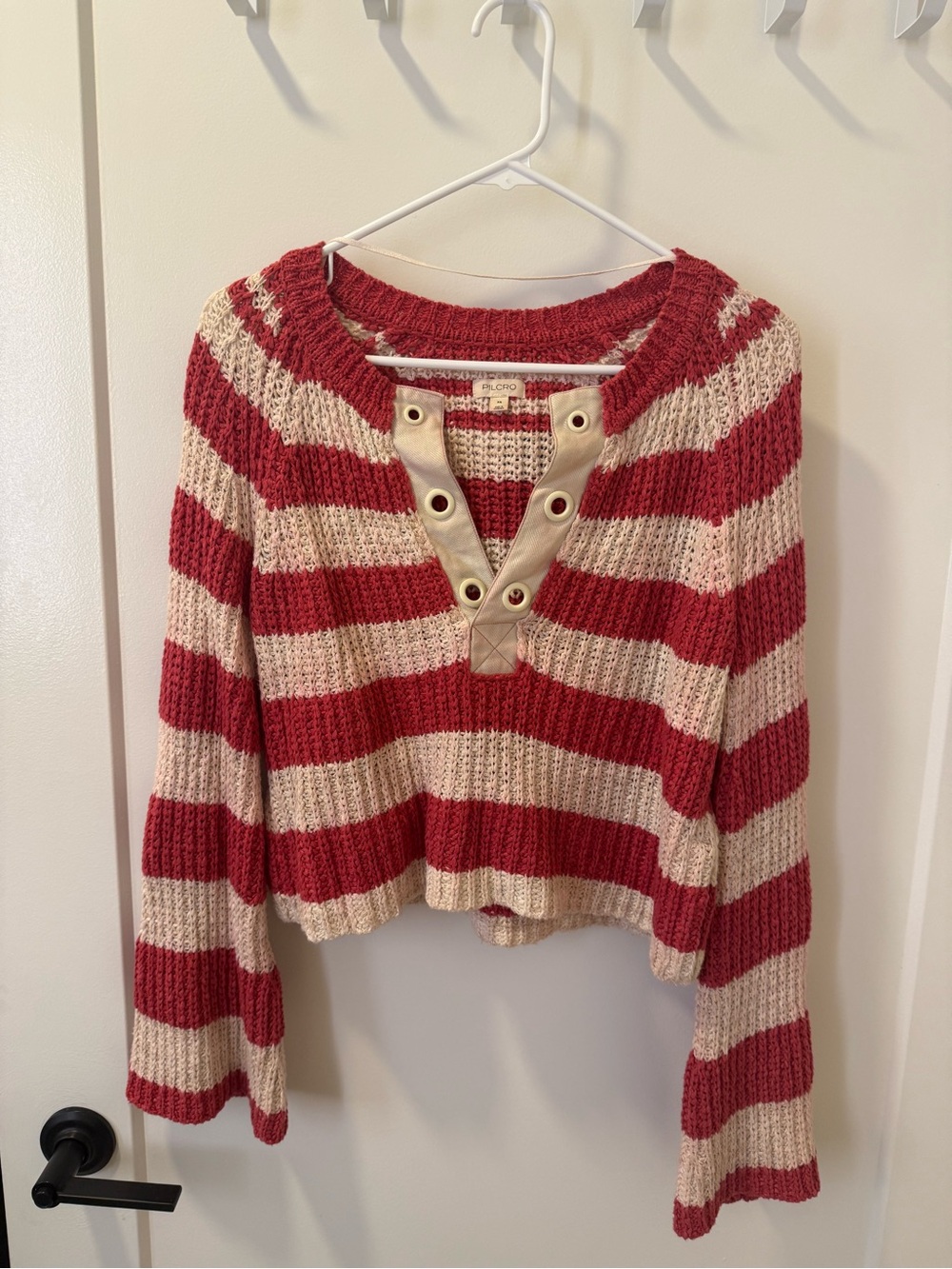 Pilcro Red & Cream Striped Lace-Up V-Neck Sweater